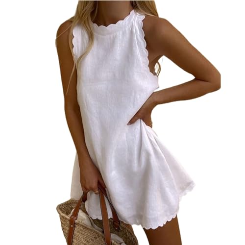 Qianderer Women Y2K Sleeveless Tank Dress Halter Scallop Summer Casual A-line Mini Dress Beach Linen Halter Sundress (Ba White, S)