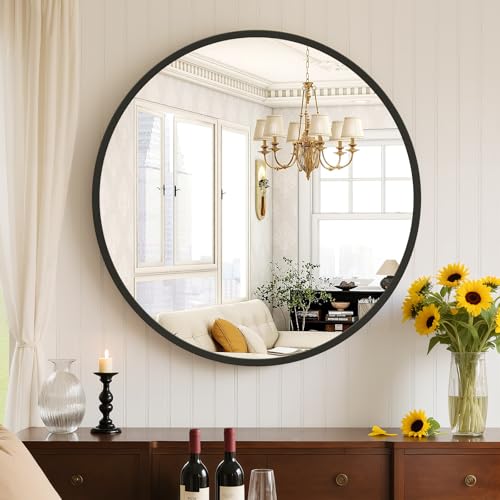 Image of Sweetcrispy 20 Inch Round Wall Mirror with Tempered Glass, Bathroom Mirror Over Sink, Anti-Fog & Waterproof Round Mirrors for Bathroom, Entryway, Bedroom, Shatterproof Design, Black