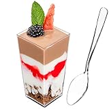 DLux Mini Dessert Cups, Appetizer Bowls & Spoons with Recipe e-Book [Clear Plastic, 3 oz, Square Tall, 50 Count] Small Catering Supplies, Disposable Tasting Glasses, Parfait Tumblers, Shooters