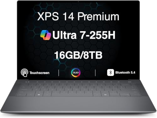 Image of Dell XPS 14 Premium Laptop DA14250, 14.5 inch 3.2K OLED Touchscreen Display, Intel Core Ultra 7 255H, 16GB LPDDR5X RAM, 8TB PCIe SSD, Backlit Keyboard, Fingerprint Reader, WiFi 7, Windows 11 Pro