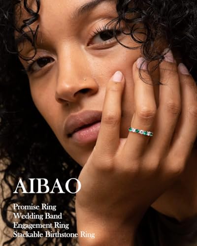 AIBAO Half Eternity Band Rings 925 Sterling Silver Wedding Ring Amethyst/Emerald/Ruby/Sapphire Stackable Birthstone Rings for Women Size 6 to 102