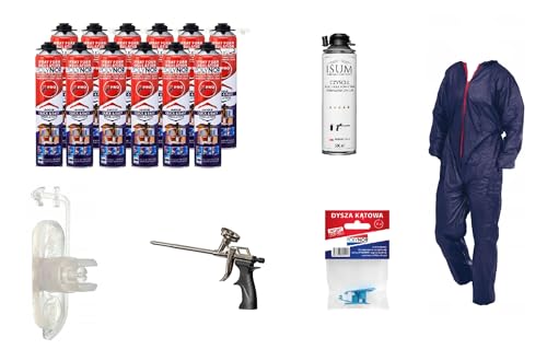 POLYNOR Isolation thermique PUR en bombe PRO - Kit complet 29 pièces - 12 mousses - Pistolet à mousse - Isolation thermique par projection - Isolation des murs, toitures, plafonds - Aérosol 750 ml
