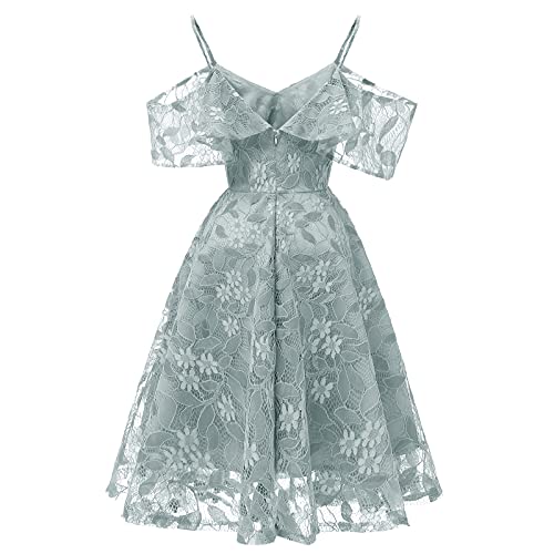 2021 Women's Floral Lace Cold Shouder Swing Prom Party Cocktail Dresses Ruffle Sleeve Casual Fall Midi Pleated Dress Light Blue #TOP2