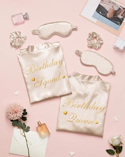 Image of Neer 21 Pcs Women Birthday Party Robe Set Queen Squad Kimono Satin Bathrobes with Eye Mask and Scrunchie for Birthday