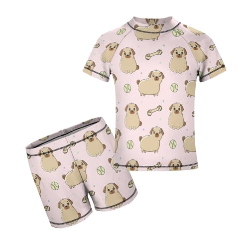 Cute Dog Breed Pug and DogChildren's Swimsuits Boys Two Piece Suit8-10Y（130cm）