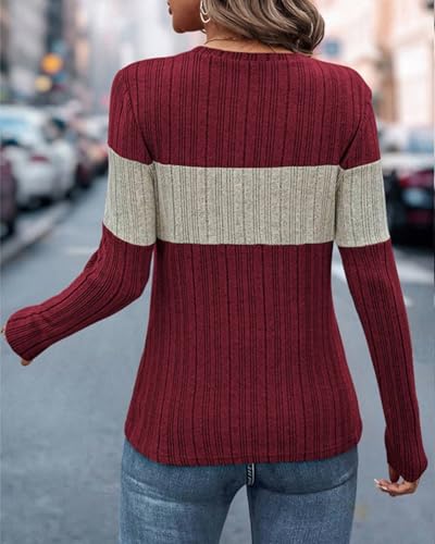 Image of SherryDC Women Long Sleeve Tunic Shirts Lightweight Thin Sweater Color Block Ribbed Casual Crewneck Fall Top