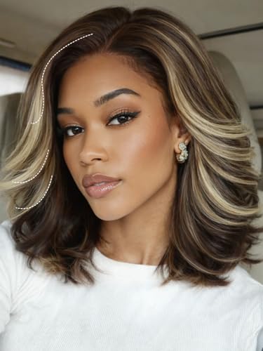 Image of KLAIYI Bye Bye Slip Highlight Blonde Bob Loose Wave Pre Everything 13x4HD Lace Front Wigs Human Hair Ombre Brown Layered Blowout Glueless Drawstring Pre Plucked Bleached Knots Face Framing Wig 14Inch