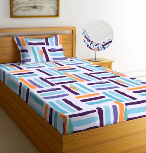 Image of NEW LEAF Premium 100% Cotton Feel Elastic Fitted Single Mattress Bedsheets with 1 Pillow Cover| All Around Elastic 200 TC Supersoft | (Size-78+36+6 inches, Aqua Purple Strokes