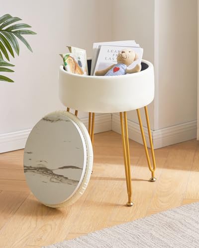 IBUYKE Faux Leather Round Footrest Stool with Storage Ottoman, Makeup Vanity Chair Side Table, PU Dressing Table Seat, Removable Cover, Golden Steel Legs, White WBD024W - Cosy Home Interiors IBUYKE Faux Leather Round Footrest Stool with Storage Ottoman, Makeup Vanity Chair Side Table, PU Dressing Table Seat, Removable Cover, Golden Steel Legs, White WBD024W - Image 2