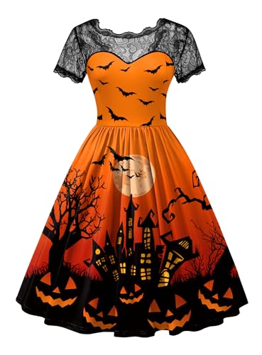 Damen Halloween Party Ausgestellter Rock Schwarz Spitzenkrägen Kleider Kurzarm Knielang Vintage Kostüm Orange M