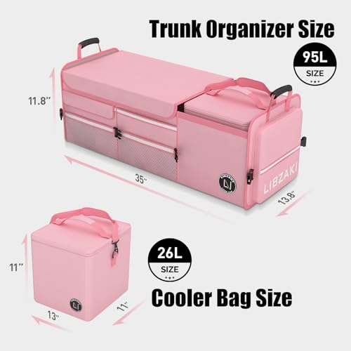 Image of LIBZAKI Oversize 4 in 1 Car Trunk Storage Organizer, Multi Compartment Collapsible Trunk Storage Box with Cooler Bag for Car Truck SUV-Pink