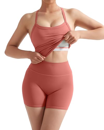Image of SUUKSESS Women 2 Piece Workout Sets High Waisted Tummy Control Biker Shorts Halter Padded Tank Tops