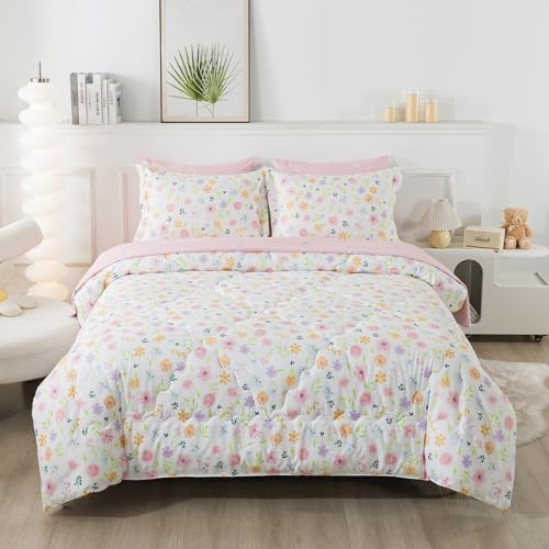 Wajade USWABS22-FLORAL Comforter Set Bed In A Bag Twin Size 7 Piece Pink Botanical Flower And Green Leaves Bedding Set thumb #1