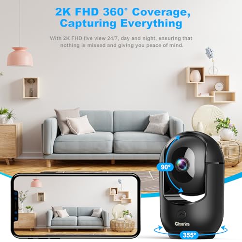 Image of Cloarks 2K Pan /Tilt Security Camera, WiFi Indoor Cameras for Home Security with AI Motion Detection, Pet /Dog /Baby Camera with Phone App, 2-Way Audio, 24 /7, Siren, TF /Cloud Storage，Black