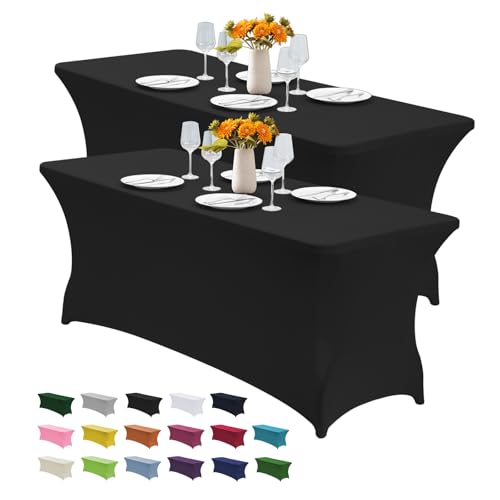 Image of CWK 6FT 2Pcs Stretch Spandex Table Cover for Rectangular Tables - Elastic Fitted Tablecloth for Folding Tables, Wrinkle Resistant, Durable Table Protector for Parties,Weddings,Banquets &Events (Black)