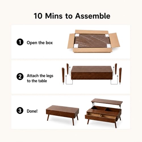 Image of Solid Oak Wood Lift Top Coffee Table for Living Room, Fully-Assembled