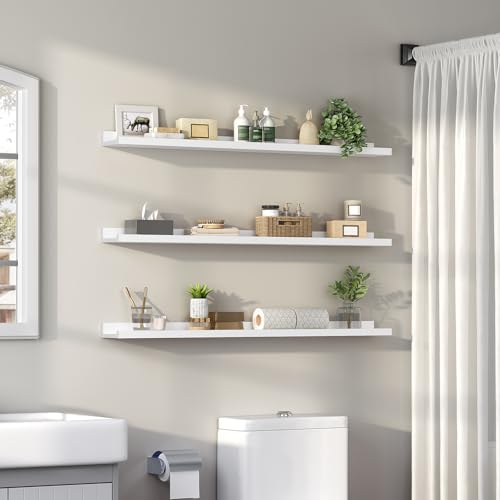 Image of HOOBRO Floating Shelves, Wall Shelf Set of 3, 47.2 Inches Hanging Shelf with Raised Edge and Invisible Brackets, for Bathroom, Bedroom, Kitchen, Office, Living Room Decor, White WT92BJ01