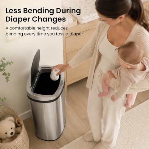Image of 13 Gallon PRESS-OPEN Diaper Pail - 135 Diaper Capacity Stainless Steel Baby Trash Can with AbsorbX Odor Filter, Extra-Wide Opening, No Refills Needed, for Nursery Diaper & Adult Incontinence Underwear