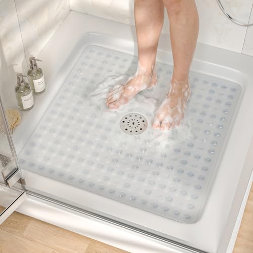 HITSLAM Non Slip Shower Stall Mat with Center Drain Hole Diamond Textured PVC Bath Mat for Inside Shower Machine Washable Strong Suction Cups for Bathroom Bathtub Mat 24x24 Inch Clear