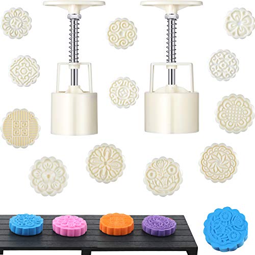 Boao 14 Pieces Bath Bomb Mold Kit Plastic Moon Cake Flowers Mold Supplies Press Includes 2 Pcs Shower Steamer Bath Bombs Press with 12 Pieces Stamps for Supply Making DIY Tools