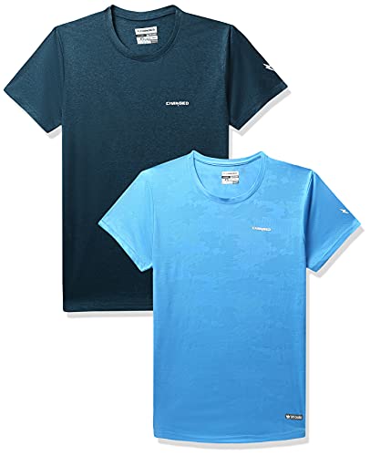 Image of Charged Active-001 Camo Jacquard Polyester Round Neck Sports T-Shirt Scuba Size Xs And Brisk-002 Melange Polyester Round Neck Sports T-Shirt Teal Size Xs