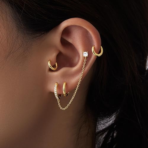 Image of Small Gold Huggie Hoop Earrings Set for Women Men Hypoallergenic 14K Plated Stack Cartilage Earrings, Sterling Silver Multiple Piercing Lightweight Mini Thin Cute Dainty Trendy Jewelry Gifts for Women