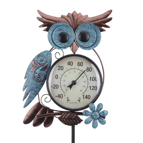 Product Image of the MUMTOP Outdoor Thermometer, 42 Inch Metal Owl Garden Stake Outside Wall Thermometer for Patio, Yard and Garden