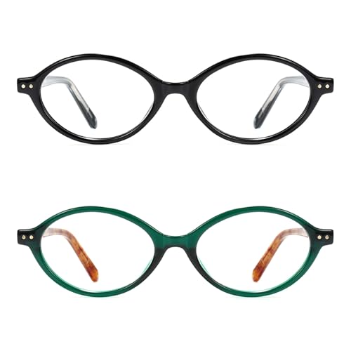 Image of Slocyclub 2pack Oval Blue Light Blocking Glasses for Women Men, Small 90s Retro Oval Frame Bluelight Glasses for Gaming /Computer /Screen(Black and Green Tortoise)