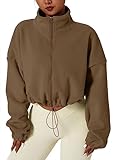 QINSEN Women's Full Zip Fleece Short Jacket Warm Winter Long Sleeve Stand Collar Sherpa Crop Coat Chestnut M