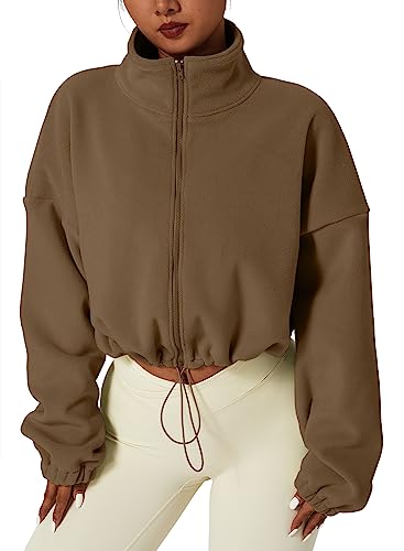 QINSEN Women's Full Zip Fleece Short Jacket Warm Winter Long Sleeve Stand Collar Sherpa Crop Coat Chestnut M