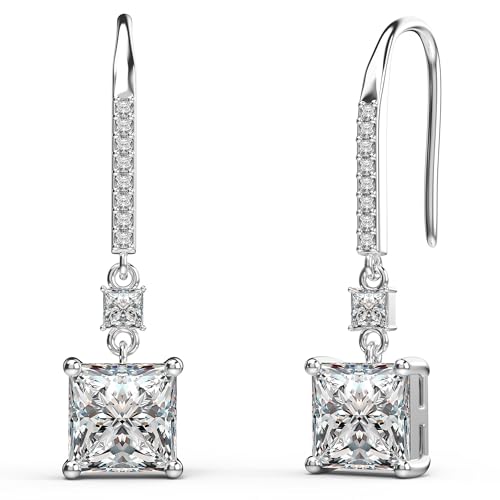 18K White Gold Plated Sterling Silver Square Princess Cut Cubic Zirconia Dangle Earrings for Women Square CZ Diamond Drop Dangling Earrings for Women Mom Hypoallergenic