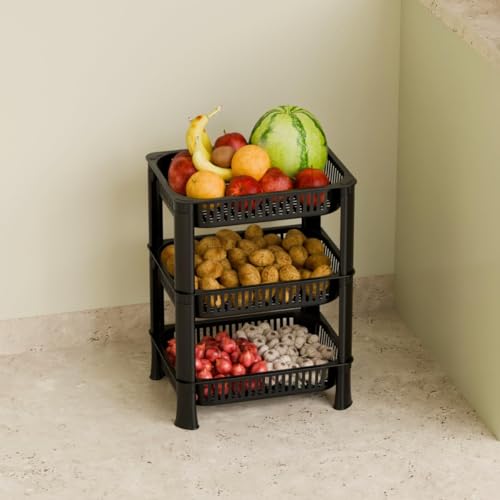 Image of Multipurpose Plastic Storage Rack for Kitchen | Foldable Vegetable & Fruit Organizer Stand for Onion, Potato, Sabji | Countertop Multi-Layer Basket Rack for Home, (Black, 3 layer)