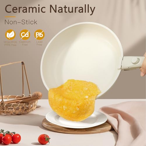 Image of GiPP Ceramic Pots and Pans Set Non Stick, Nonstick Detachable Handle Cookware Sets, Healthy Non Toxic PFAS PFOA & PTFE Free, Dishwasher &Oven Safe, Induction Kitchen Pot and Pan, 15 Piece Cream