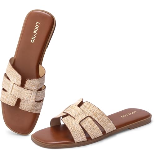 Image of Flat Sandals for Women Comfortable Slip On Dressy Summer Leather Slides with Square Open Toe