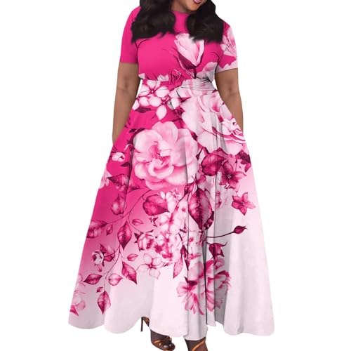 Generic Trendy Short Sleeve Maxi Dress Casual Plus Size Crewneck Long Dress Elegant Formal A Line Smocked Flowy Party Dress