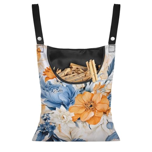 CREAMIC Art Flowers Clothespin Bag with Hanging Hook Summer Laundry Clothes Pin Holders Waterproof Clothes Pin Hanging Bag Clothespin Storage Organizer with Large Opening