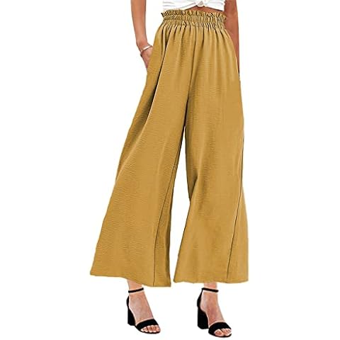 MAYFASEY Women's Long Palazzo Pants Elastic High Waist Wide Leg Stretchy Loose Fit Casual Basic Daily Pants Trousers Yellow L Cover