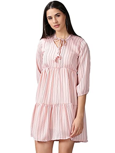 Image of SHOWOFFFF Women Stripe Print Fit and Flare Casual Dress | Round Neck 3 /4th Sleeves Satin Dress for Womens | Above Knee Dress for Women's