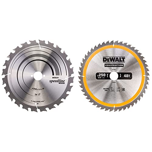 Bosch Accessories 2608640680 Lame de scie circulaire Speedline Wood 24 dents 250 x 30 x 3,2 mm & DEWALT Lame de Scie Circulaire Stationnaire Disque Tranchant 40 Dents 250x30mm