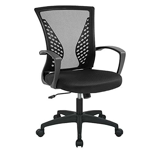 BestOffice Ergonomic Mid Back Swivel Rolling Desk Armrest Height Adjustable Lumbar Support Mesh Chair,Black