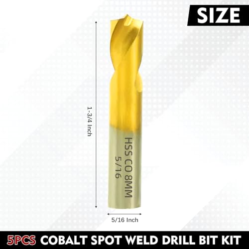 Image of RENYU 5Pcs Cobalt Spot Weld Drill Bit Set Kit, Titanium Coated High Speed Cobalt Steel Weld Cutter Drill Bit Weld Removal Tool 5 /16-inch (8mm) Yellow