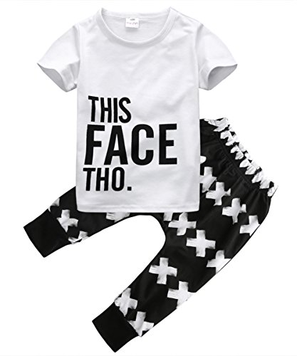 Image of Little Boys Short Sleeve Letters Print T-shirt and Cross Pants Outfit (80(6-12M)) Black/White