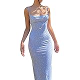 Women Cutout Backless Maxi Dress Sexy Sleeveless Split Cocktail Dresses Bodycon Spaghetti Strap Long Dress Party(Flower Blue,M)