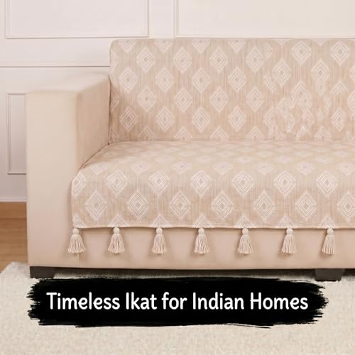Image of STITCHNEST 'Verdant Rekhika Stories' 3 Seater Sofa Cover - Full Coverage| Elegant Jacquard Fabric, Decorative Tassels, Washable & Durable for Modern Living