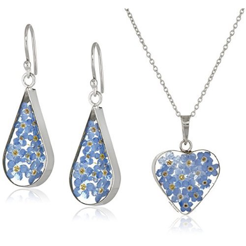 Sterling Silver Blue Pressed Flower Teardrop Earrings and Pendant Set