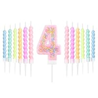 mciskin Macaron 4th Birthday Candle Set, Girls 4th Birthday Decorations,12pcs Pastel Spiral & Number 4 Candles for Cake,Rainbow Cake Topper for Macaron Themed Party Decoration,Baby Showers Supplies