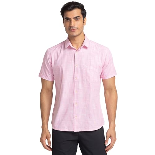 Image of Park Avenue Men's Pure Cotton Chambray Pattern Slim Fit Ainsley Collar Half Sleeve Casual Shirt