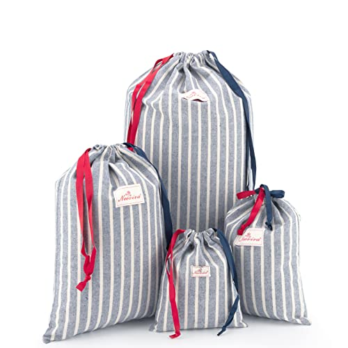 NEOVIVA 巾着袋 大 中 小 化粧品ポーチ 可愛い 4点セット 小物入れ コットン 旅行 プレゼント グレー ストライプ