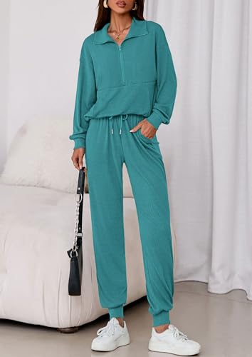 Image of PRETTYGARDEN Women 2 Piece Ribbed Knit Matching Lounge Sets | Comfy Sweat Track Suits, Athleisure Casual Outfit, Half Zip Sweatshirt & Jogger Pants, Fall Winter Clothes for Airport Travel