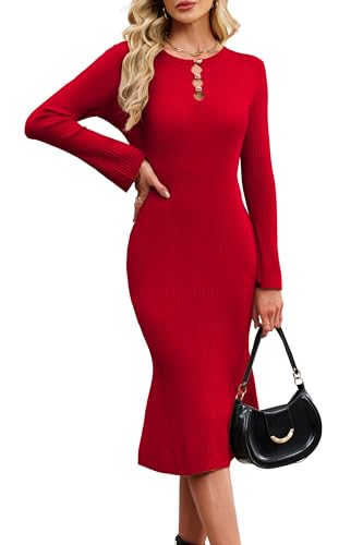 Newshows Strickkleid Damen Winter Langarm Elegant Winterkleid Pulloverkleid Bodycon Fishtail Kleider Rot,M